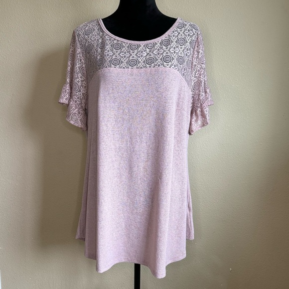 Reborn Tops - Reborn shirt women XL short ruffle sleeve mesh lace top blouse pink